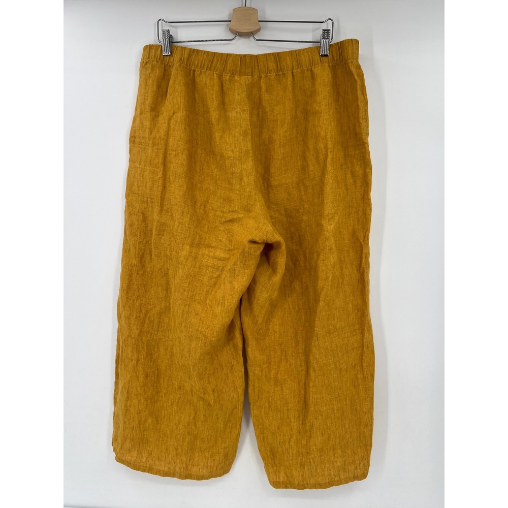 Eileen Fisher Mustard Yellow 100% Organic Linen Wide Leg Crop Pants Large - Picture 2 of 9